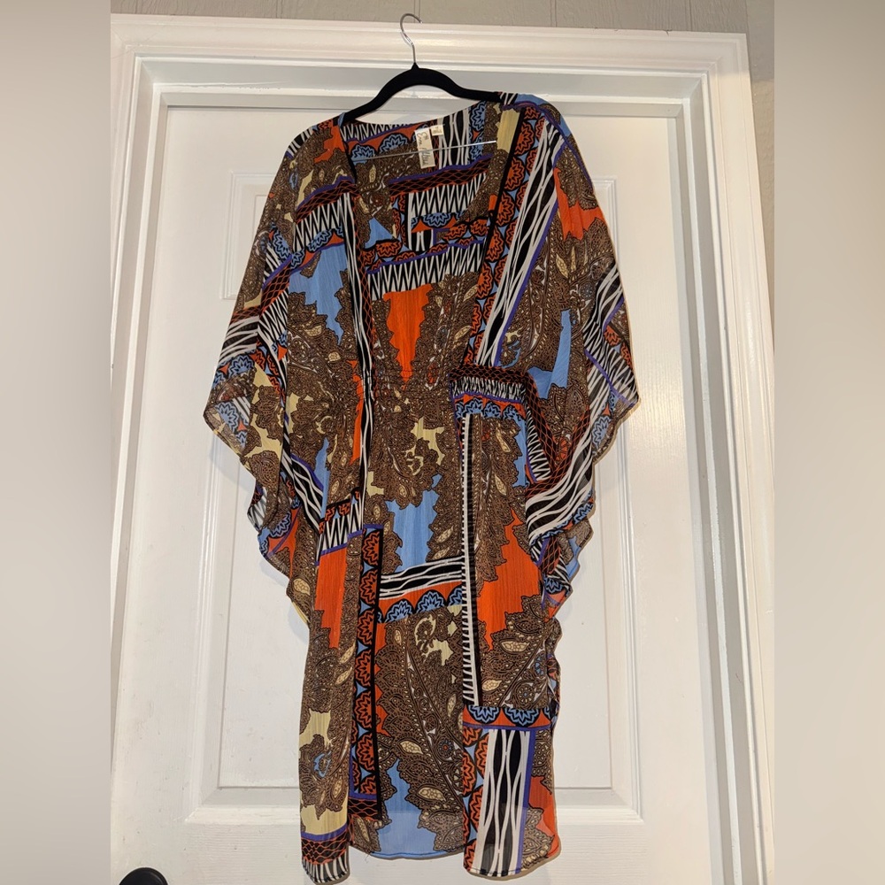 $5 Friday Emma & Michele Asymmetrical Dress in Blue, Orange, and Brown EUC